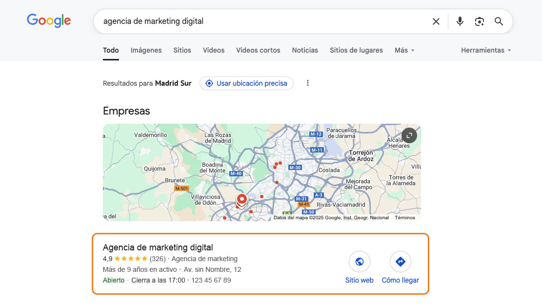 Resultado de búsqueda de Google por ubicación