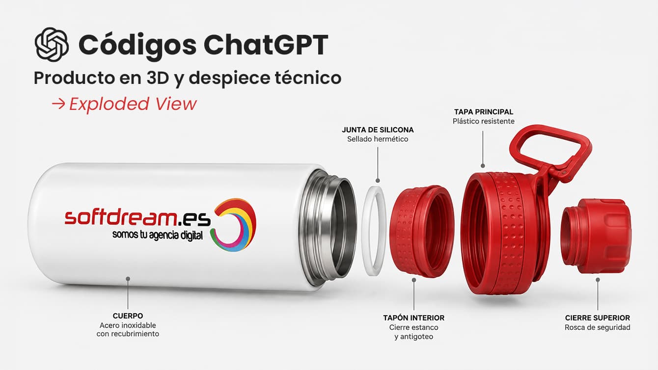 Códigos de ChatGPT para imágenes | Producto en 3D y despiece técnico
